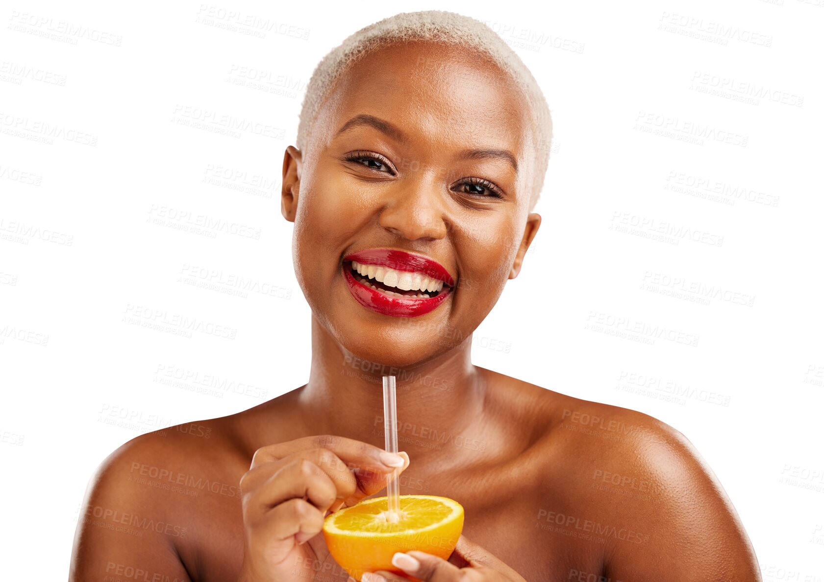 Buy stock photo Happy black woman, orange juice or portrait for skincare, beauty or diet for wellness or healthy fruit. Straw, natural drink or African lady with smile or glow isolated on transparent png background 