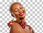 Skincare, smile and grapes with a model black woman in studio on