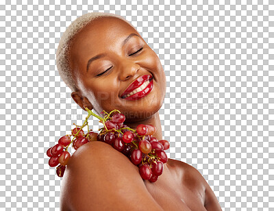 Buy stock photo Happy black woman, wellness or grapes for skincare, health or diet nutrition for hydration, beauty or fruit. Face, smile or African person with food choice isolated on transparent png background 