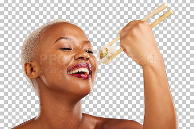 Buy stock photo Face, eating and woman with chopsticks for sushi, healthy food and beauty glow. Black person, model or makeup for wellness on fish diet, seafood nutrition or isolated on transparent png background
