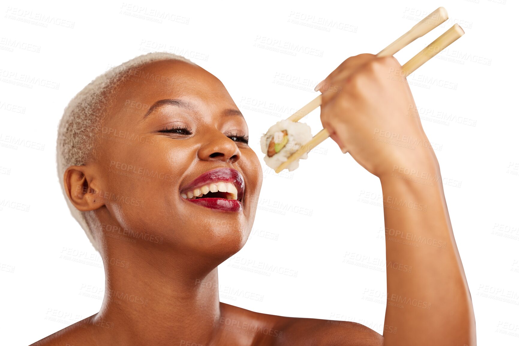 Buy stock photo Face, eating and woman with chopsticks for sushi, healthy food and beauty glow. Black person, model or makeup for wellness on fish diet, seafood nutrition or isolated on transparent png background
