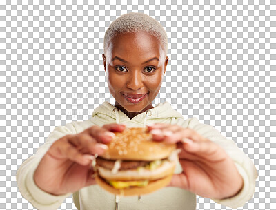 Buy stock photo Portrait, burger and black woman with fast food offer on isolated, transparent or png background. Brunch, deal and face of African lady model with restaurant, promotion or hamburger, diet or giveaway