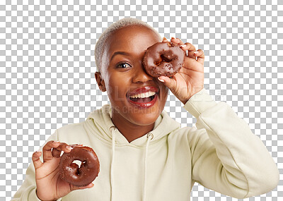Buy stock photo Portrait, chocolate and donut with black woman for candy, dessert and unhealthy eating. Smile, food and face of young model for baking cake or sweet pastry and isolated on transparent png background 