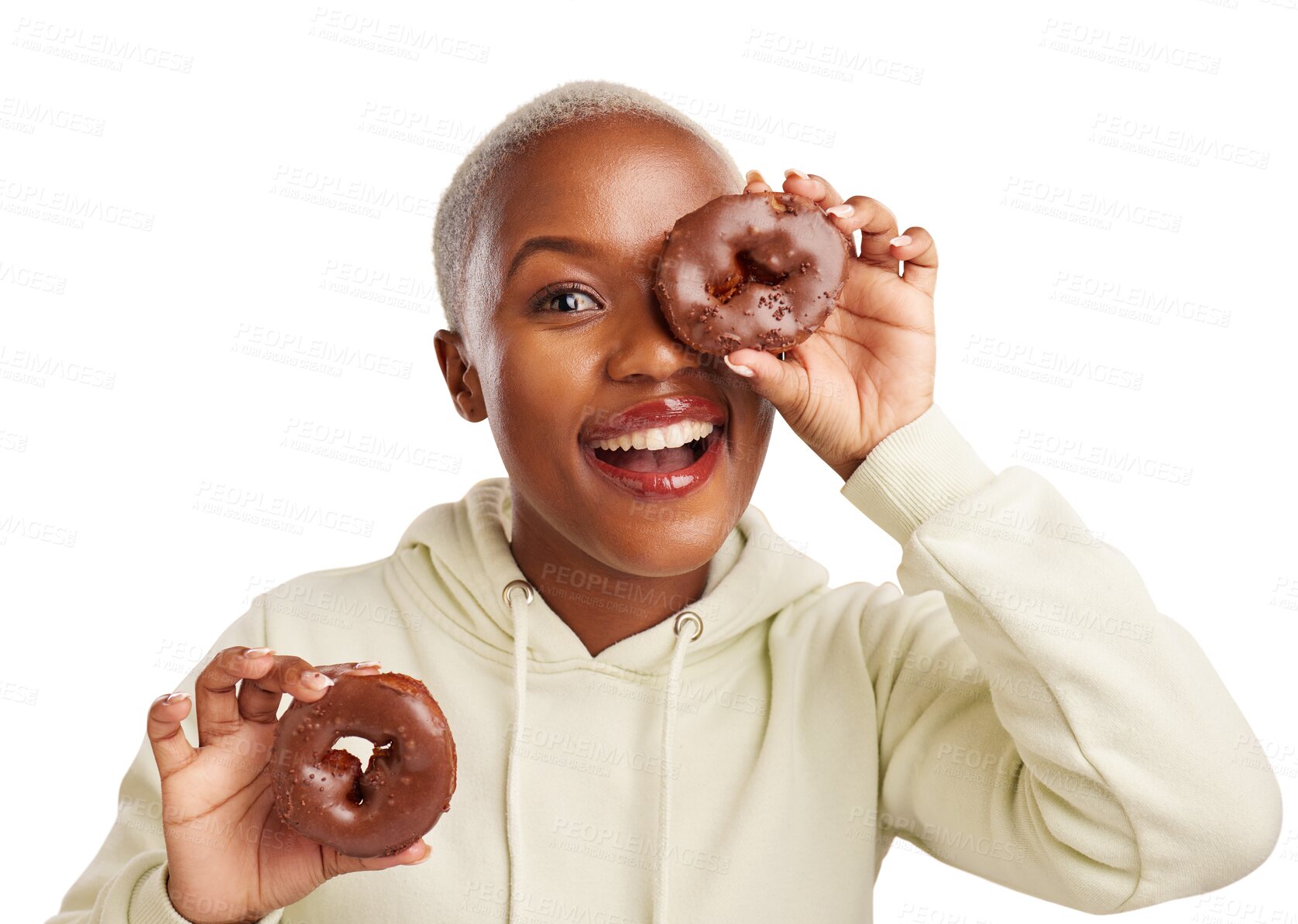 Buy stock photo Portrait, chocolate and donut with black woman for candy, dessert and unhealthy eating. Smile, food and face of young model for baking cake or sweet pastry and isolated on transparent png background 