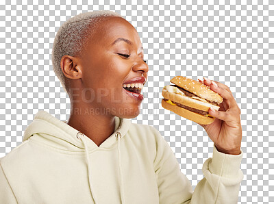 Buy stock photo Hamburger, bite and black woman with fast food meal on isolated, transparent or png background. Brunch, deal and face of African lady model with restaurant, promotion or burger, diet or giveaway