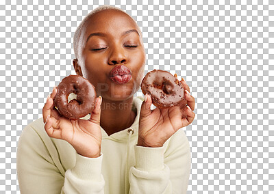 Buy stock photo Kiss, black woman and donut with chocolate for cake dessert, treats and sugar snack. Lips, candy and food with young model with baking, sweet pastry and isolated on transparent png background 