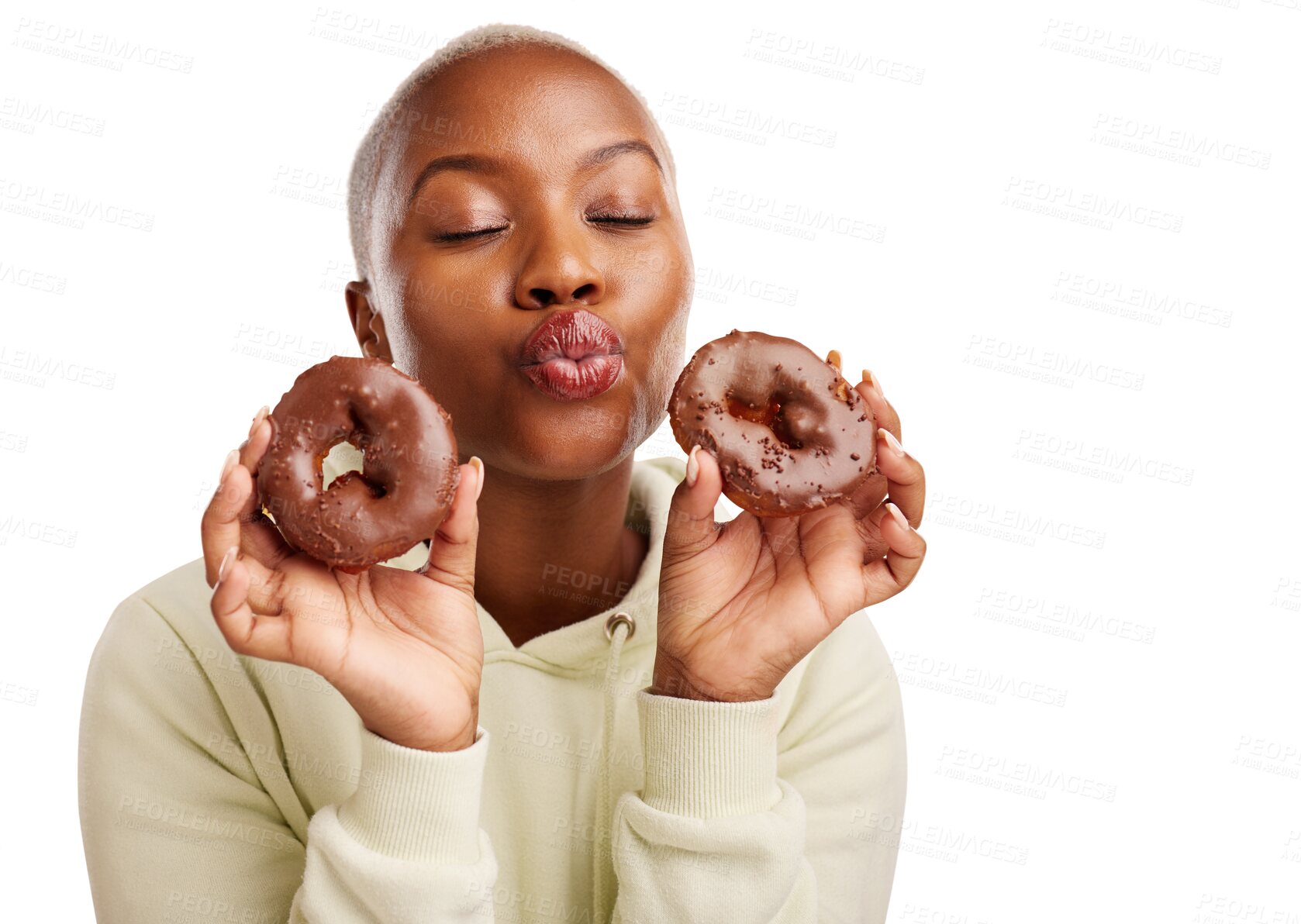Buy stock photo Kiss, black woman and donut with chocolate for cake dessert, treats and sugar snack. Lips, candy and food with young model with baking, sweet pastry and isolated on transparent png background 