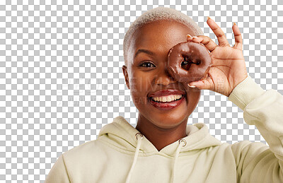 Buy stock photo Portrait, chocolate and donut with black woman with candy, happy and unhealthy sweet dessert for eating. Eye, food and face with smile for baking of pastry and isolated on transparent png background 