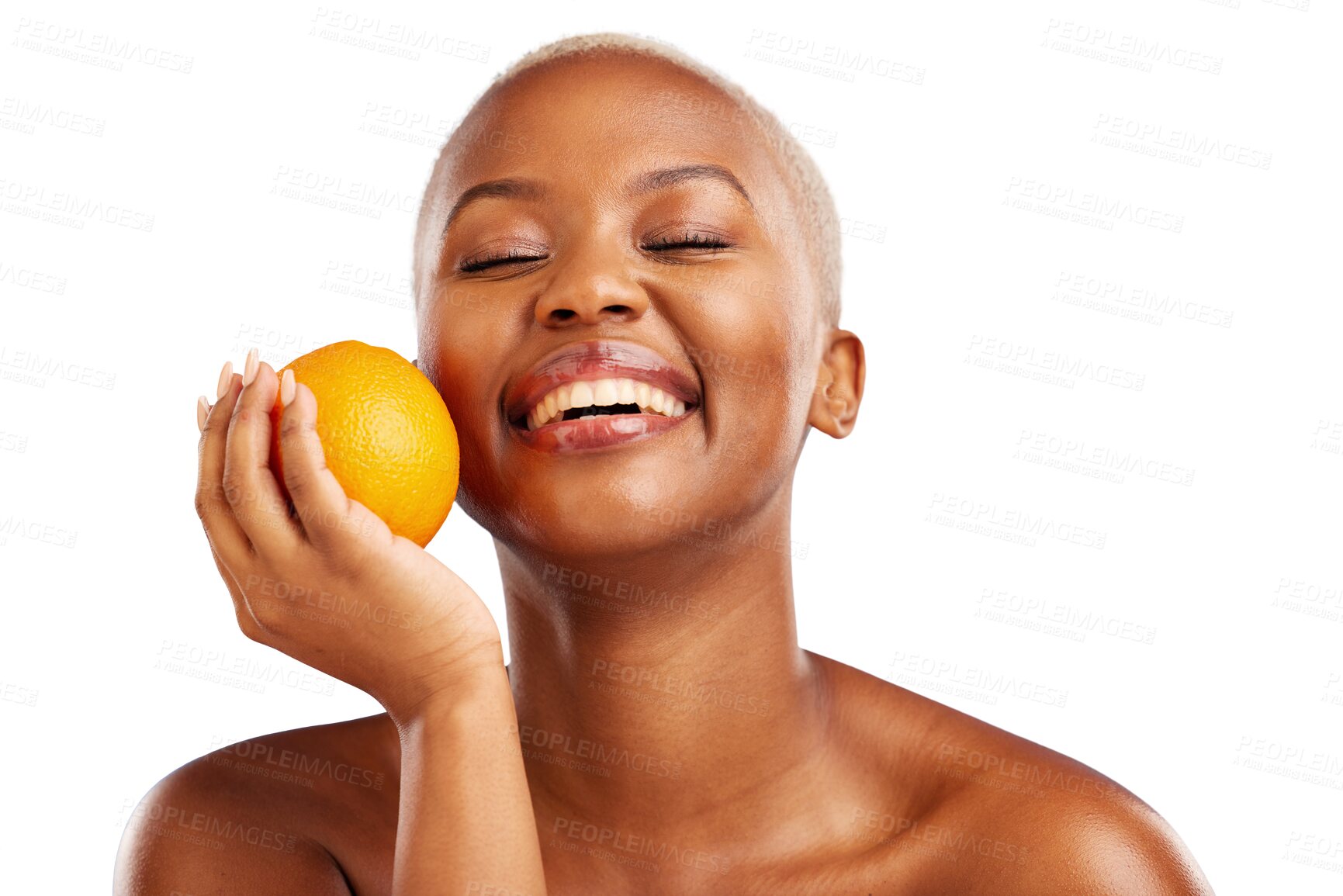 Buy stock photo Happy black woman, laugh or orange for skincare, beauty or diet nutrition for wellness, health or fruits. Face, funny girl or African person with smile or glow isolated on transparent png background