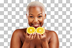 Portrait, skincare and fruit or nutrition with a black woman in
