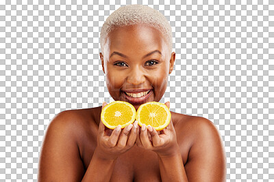 Buy stock photo Black woman, portrait or orange for skincare, beauty or diet nutrition for wellness, health or vitamin c. Face, fruit or happy African person with smile or glow isolated on transparent png background