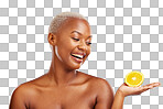 Orange, beauty or health and a model black woman in studio on bl
