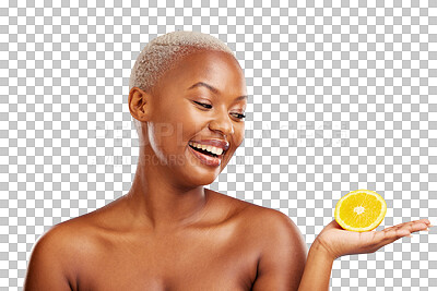 Buy stock photo Happy black woman, hand or orange for skincare, beauty or diet nutrition for wellness, health or fruits. Palm, show or African person with smile or natural glow isolated on transparent png background