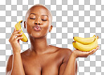 Black woman, banana and diet for potassium, vitamin or fiber aga