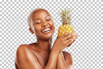 Buy stock photo Black woman, smile or pineapple for skincare, beauty or diet nutrition for wellness, health or fruits. Laugh, vitamin c or happy African person with food choice isolated on transparent png background