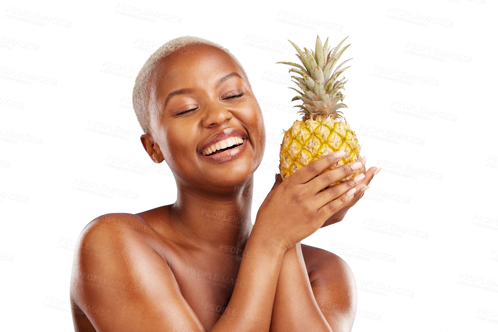 Buy stock photo Black woman, smile or pineapple for skincare, beauty or diet nutrition for wellness, health or fruits. Laugh, vitamin c or happy African person with food choice isolated on transparent png background