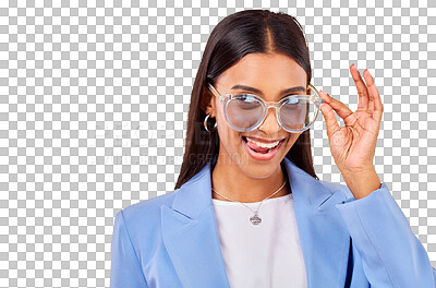 Buy stock photo Funny, woman and sunglasses with tongue out, creative and isolated on transparent png background. Business, crazy face and young professional with modern fashion, trendy cool style and work clothes.