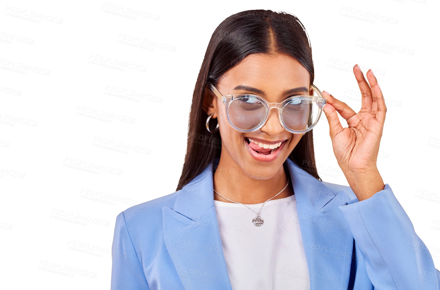 Buy stock photo Funny, woman and sunglasses with tongue out, creative and isolated on transparent png background. Business, crazy face and young professional with modern fashion, trendy cool style and work clothes.