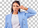 Business woman, peace sign and studio portrait with funny face,