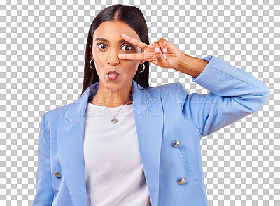 Buy stock photo Smile, woman and peace sign, kiss face and creative isolated on transparent png background. Business, happiness and young professional girl with silly hand gesture, trendy cool style and work clothes