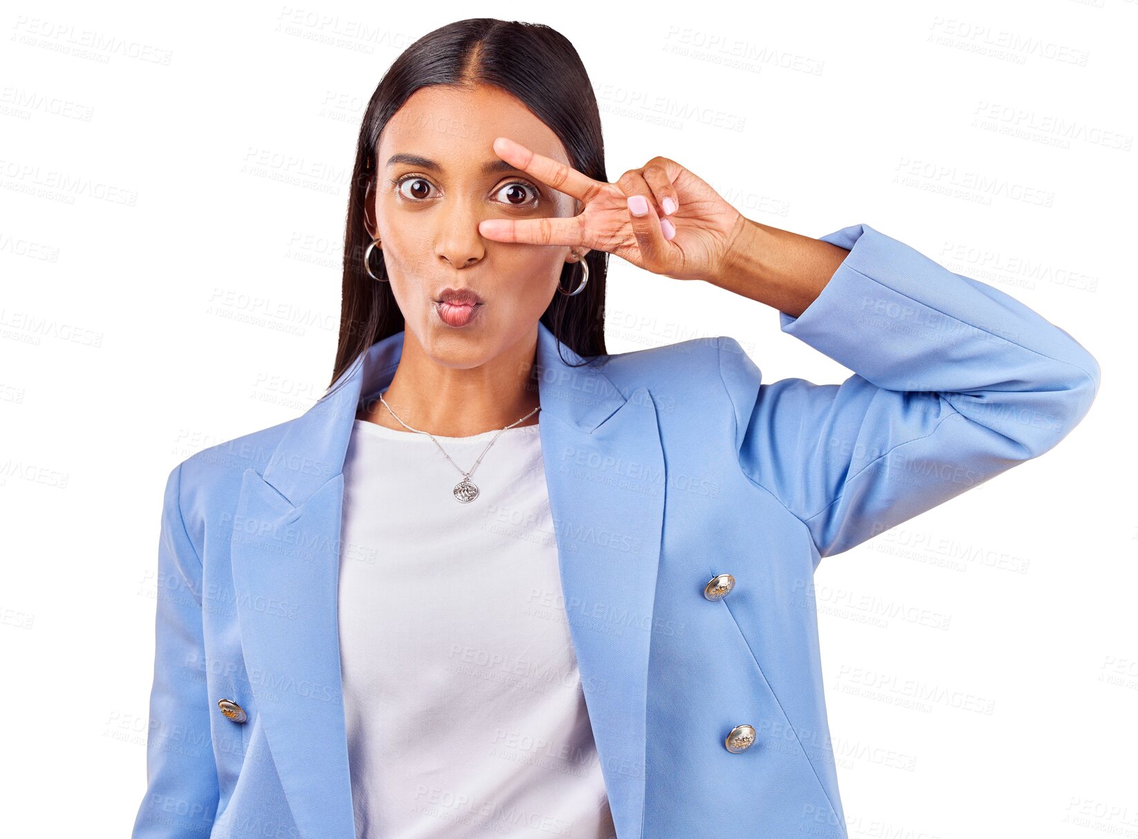 Buy stock photo Smile, woman and peace sign, kiss face and creative isolated on transparent png background. Business, happiness and young professional girl with silly hand gesture, trendy cool style and work clothes