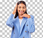 Happy, portrait and hands of business woman frame face in studio