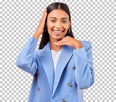 Buy stock photo Business woman, hands and frame portrait for happy face, creative and perspective in professional career. Indian, person or emoji for entrepreneur with idea or isolated on transparent png background