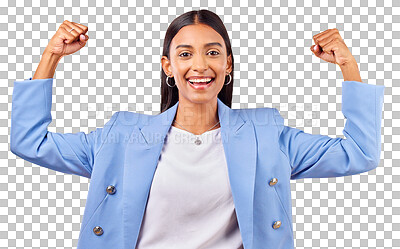 Buy stock photo Isolated business woman, flex muscle and portrait with pride, goal or champion by transparent png background. Entrepreneur, power and emoji with celebration, strong and winner for success in career