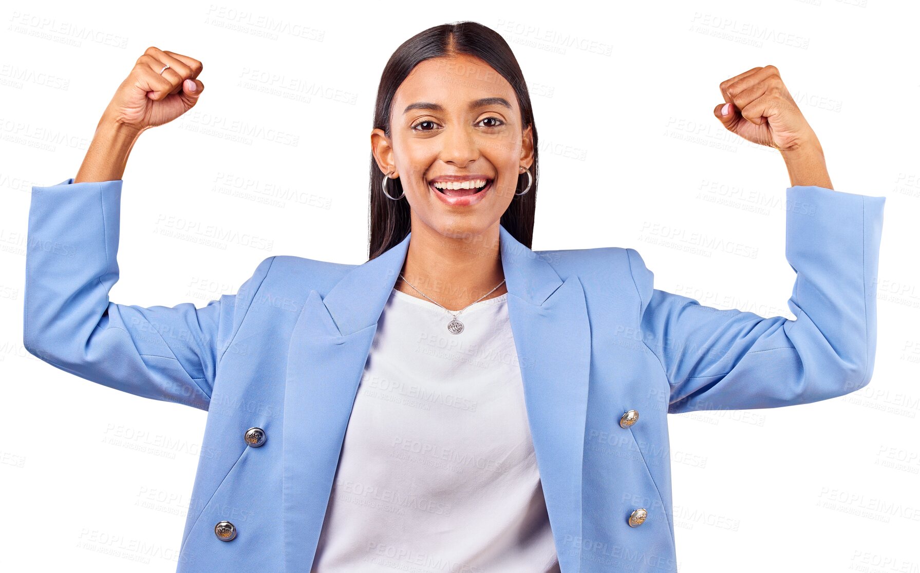 Buy stock photo Isolated business woman, flex muscle and portrait with pride, goal or champion by transparent png background. Entrepreneur, power and emoji with celebration, strong and winner for success in career