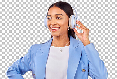 Buy stock photo Headphones, smile and businesswoman streaming music or thinking of podcast isolated on png transparent background. Happy, relax and entrepreneur listen to radio or audio sound with playlist for break