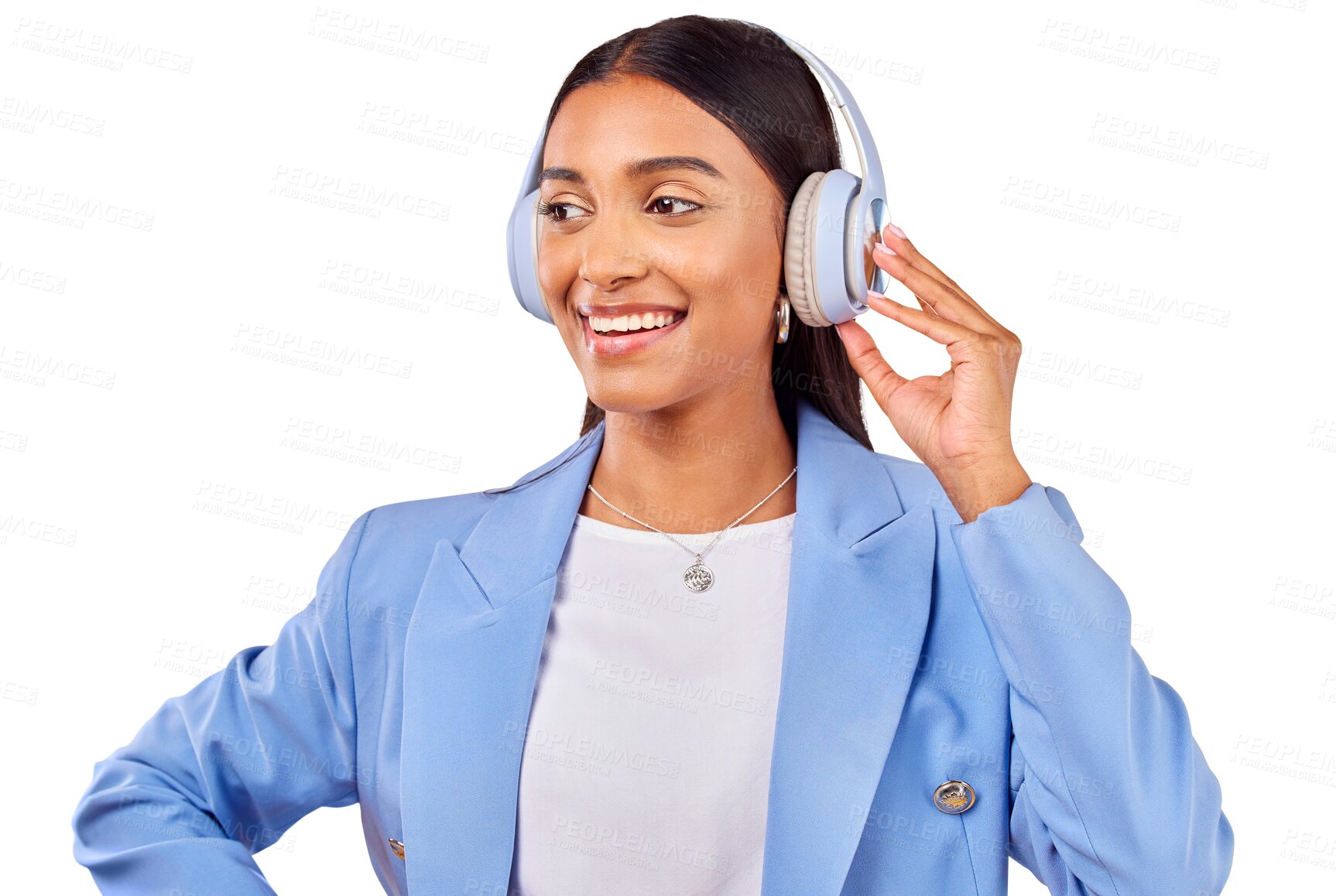 Buy stock photo Headphones, smile and businesswoman streaming music or thinking of podcast isolated on png transparent background. Happy, relax and entrepreneur listen to radio or audio sound with playlist for break