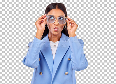 Buy stock photo Funny, woman and sunglasses with kiss face, creative and isolated on transparent png background. Business, silly and young professional with modern fashion, trendy cool style eyewear and work clothes