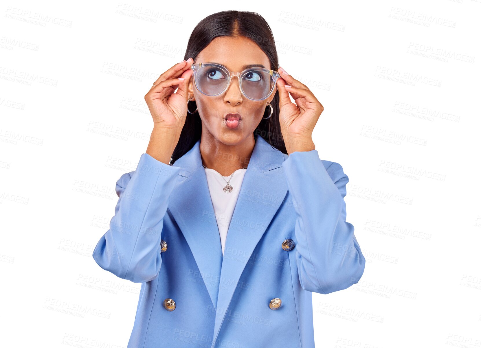 Buy stock photo Funny, woman and sunglasses with kiss face, creative and isolated on transparent png background. Business, silly and young professional with modern fashion, trendy cool style eyewear and work clothes