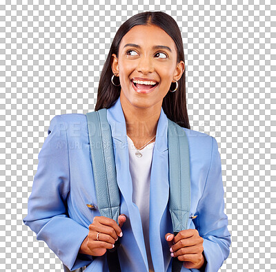 Buy stock photo Happy woman, student and thinking with ideas, smile and planning with brainstorming a decision. Young, indian and person with choice in education with bag and isolated on transparent png background