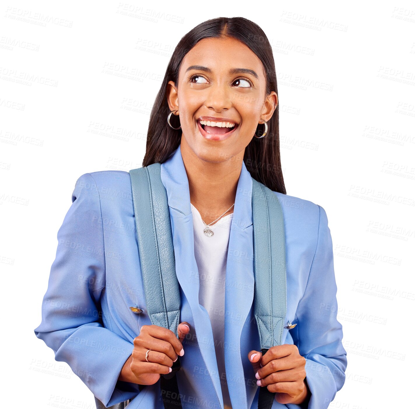 Buy stock photo Happy woman, student and thinking with ideas, smile and planning with brainstorming a decision. Young, indian and person with choice in education with bag and isolated on transparent png background