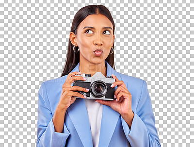 Buy stock photo Pouting, thinking and a woman with a camera for a photography idea as journalist employee. Happy, person and perspective with gear for paparazzi pictures and isolated on transparent png background