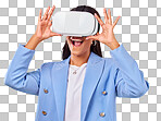 Business woman, virtual reality vision and studio with hands, sm