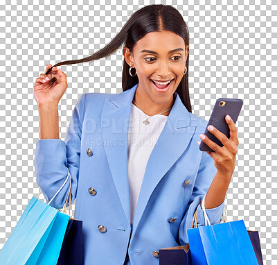 Buy stock photo Shopping bag, portrait of happy woman with phone and excited isolated on transparent png background for retail deal. Wow, face and girl customer with smile, smartphone and discount sale notification.