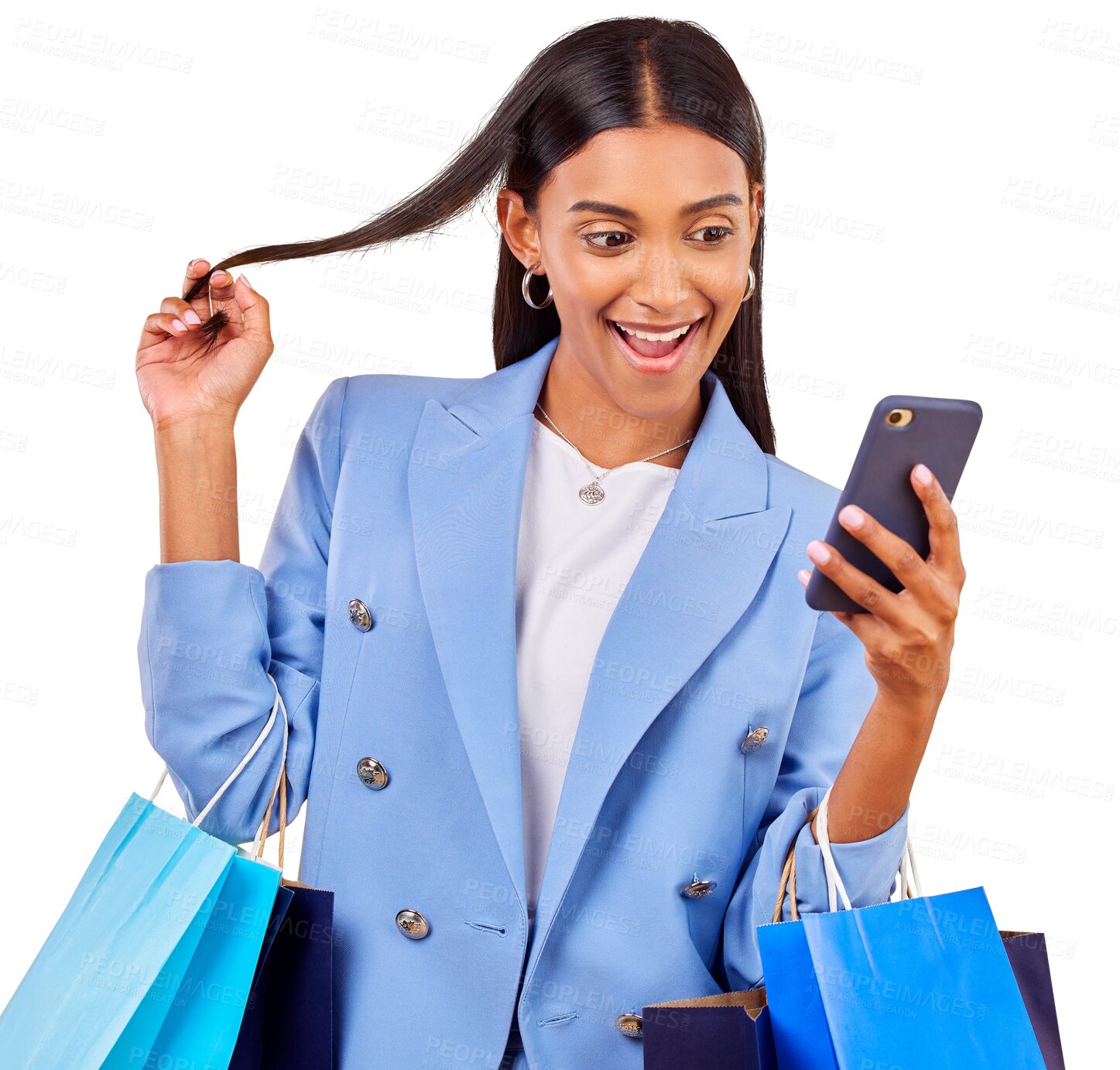 Buy stock photo Shopping bag, portrait of happy woman with phone and excited isolated on transparent png background for retail deal. Wow, face and girl customer with smile, smartphone and discount sale notification.