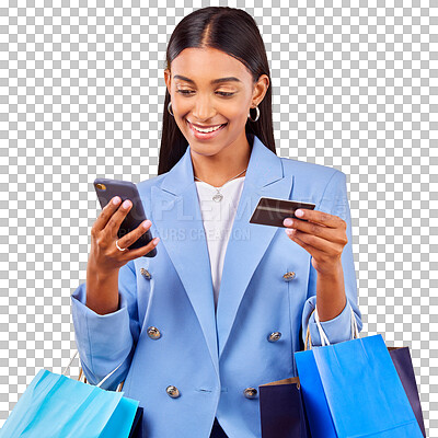 Buy stock photo Shopping bag, woman with phone and credit card isolated on transparent png background for online retail deal. Ecommerce, happy face and girl customer with smile, smartphone and discount sale payment.