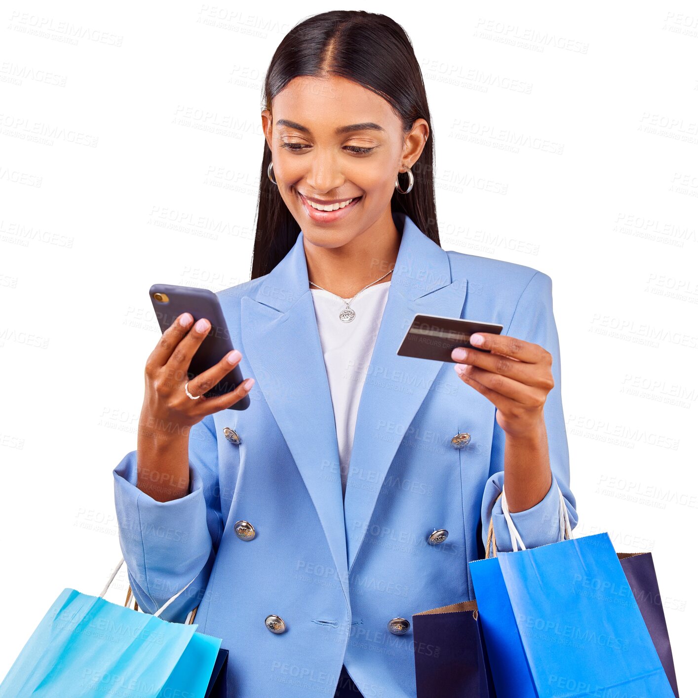 Buy stock photo Shopping bag, woman with phone and credit card isolated on transparent png background for online retail deal. Ecommerce, happy face and girl customer with smile, smartphone and discount sale payment.