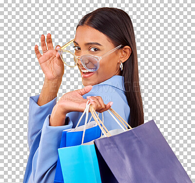 Buy stock photo Shopping, portrait of happy woman with sunglasses and bag isolated on transparent png background for retail deal. Gift, face and girl customer with smile, modern fashion at discount sale and promo.