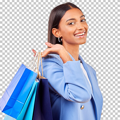 Buy stock photo Shopping bag, portrait of woman with smile and isolated on transparent png background for retail shop. Gift, face and happy customer with modern fashion, discount sale and luxury promo, offer or deal