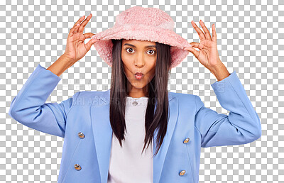 Buy stock photo Pout, fashion and portrait of Indian woman with style on isolated, png and transparent background. Attractive, clothes and face of confident person with accessories, pink hat and trendy outfit