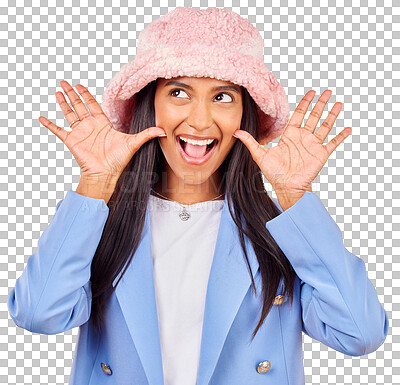 Buy stock photo Fashion, surprise and face of Indian woman or happy isolated on png transparent background. Emoji, happiness and person with hand gesture, excited or playful pose in trendy accessories, style and hat