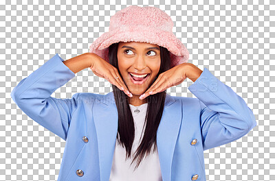 Buy stock photo Fashion, funny face and hat with a young indian woman isolated on a transparent background for style. Comic, smile and accessories with a happy model feeling silly in a trendy clothes outfit on PNG