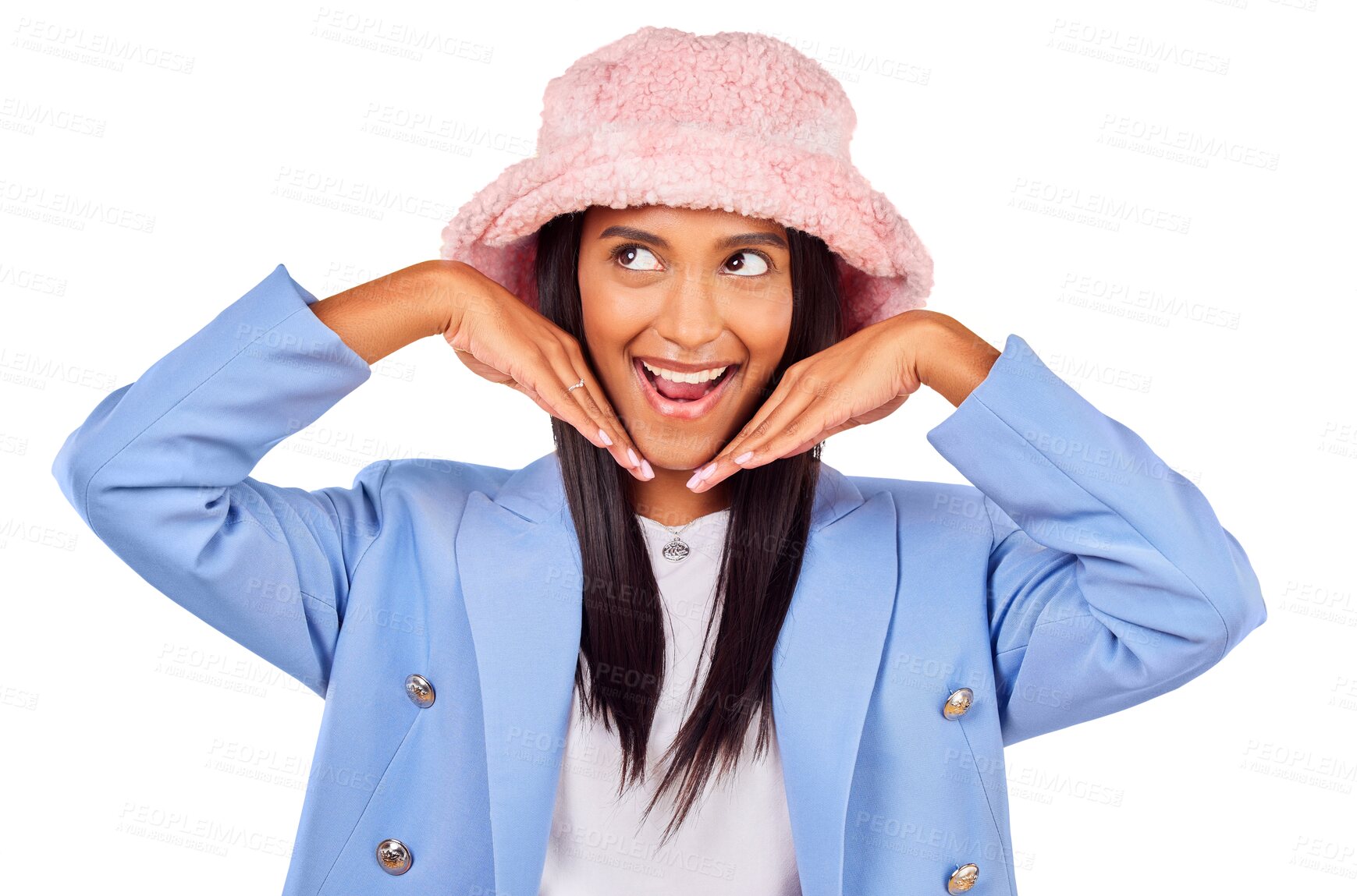Buy stock photo Fashion, funny face and hat with a young indian woman isolated on a transparent background for style. Comic, smile and accessories with a happy model feeling silly in a trendy clothes outfit on PNG