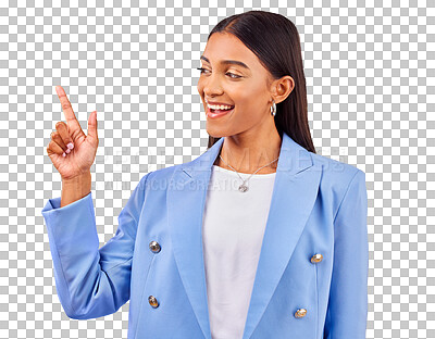 Buy stock photo Pointing up, fashion or happy woman by sale, discount deal or retail offer isolated on png transparent background. Smile, advertising or excited designer with hand gesture, news or menu promotion