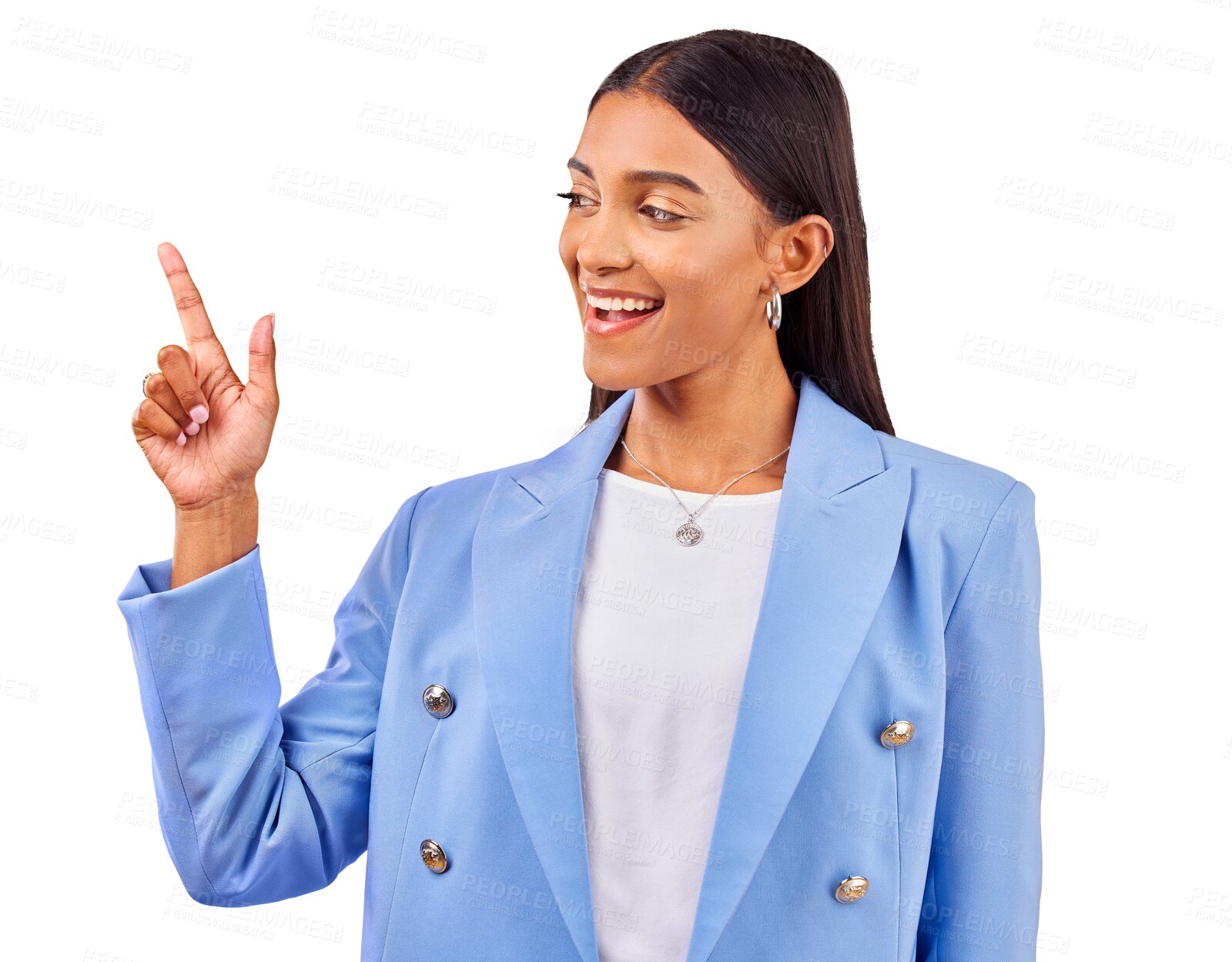 Buy stock photo Pointing up, fashion or happy woman by sale, discount deal or retail offer isolated on png transparent background. Smile, advertising or excited designer with hand gesture, news or menu promotion