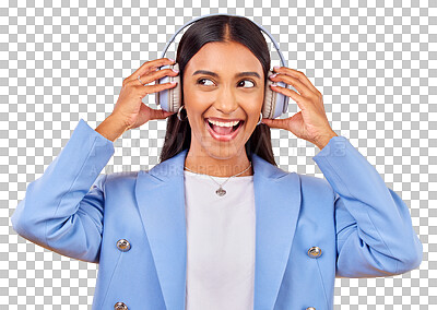 Buy stock photo Isolated business woman, headphones and music with thinking, smile and listen by transparent png background. Excited entrepreneur, audio streaming subscription and happy with ideas, memory or radio